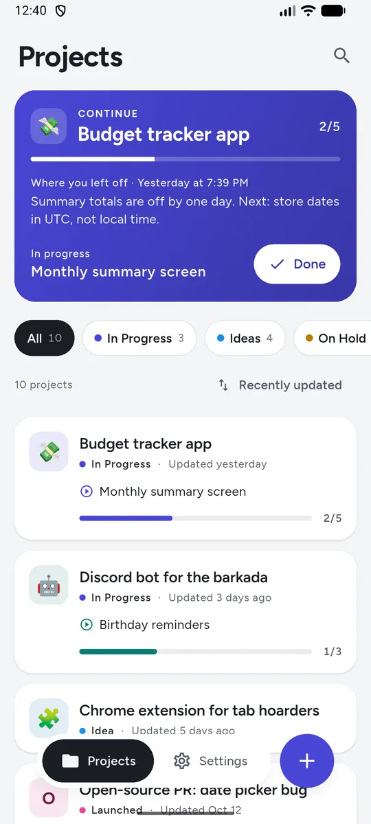 WipNest home screen with a Continue card for a budget tracker app, showing 2 of 5 plans done and the current step