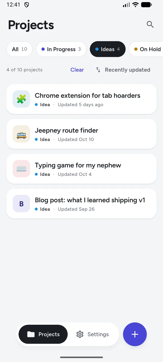 Projects list filtered to four ideas, including a jeepney route finder and a typing game