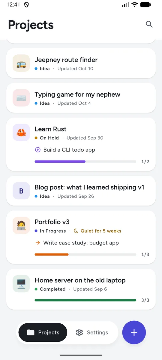 Projects list where Portfolio v3 is marked Quiet for 5 weeks